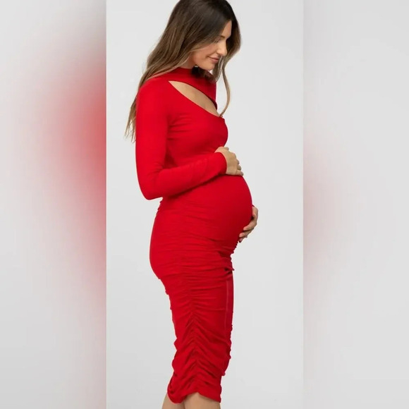 Maternity Red Fitted Ruched Cutout Neclkine - Picture 4 of 8